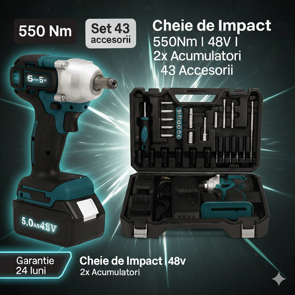 Cheie de Impact 48V – 550Nm, 2 acumulatori, 43 accesorii – Set complet