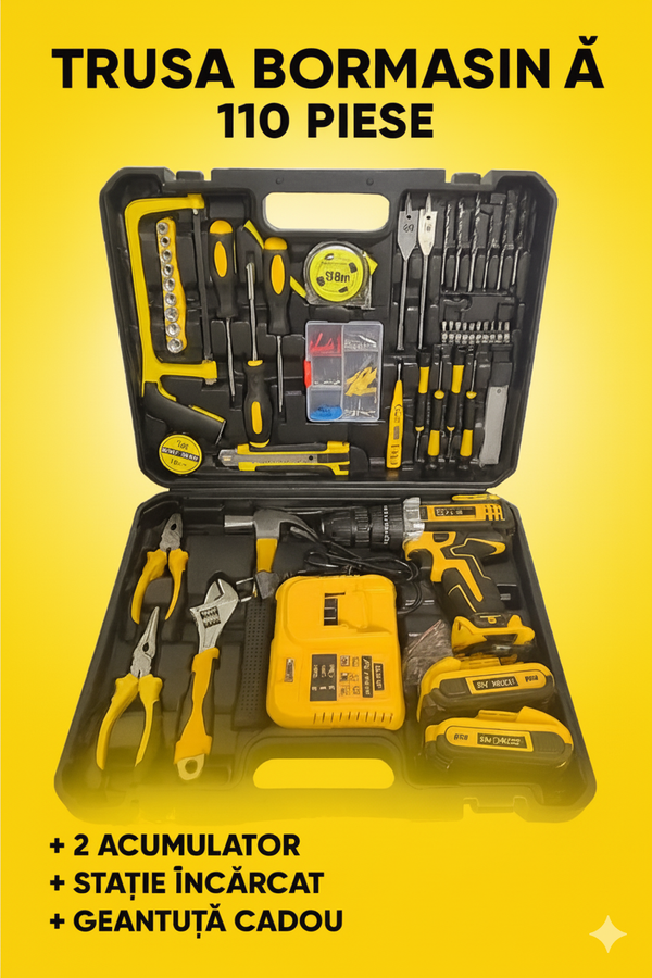 Trusă Bormașină cu 110 Piese + 2 Acumulatori – Set Profesional de Unelte
