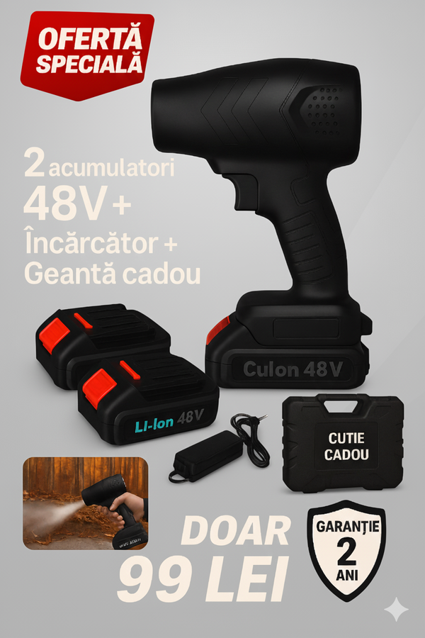 suflantă electrică portabilă 48V cu 2 acumulatori