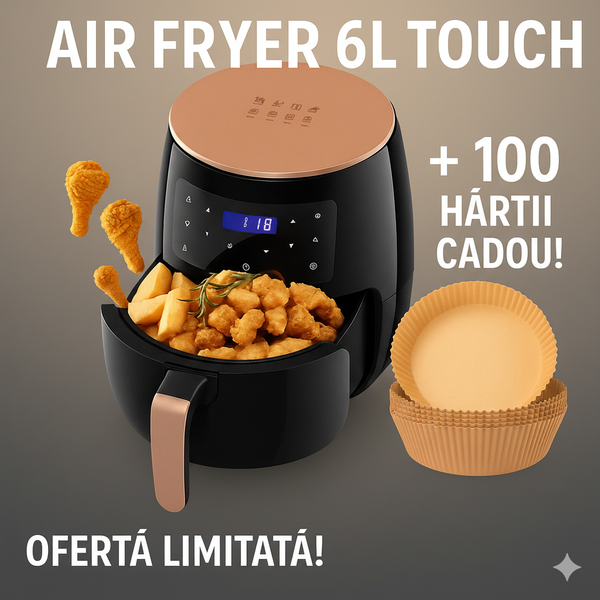 Friteuză cu aer cald Air Fryer 6L – Control Touch + 100 hârtii cadou