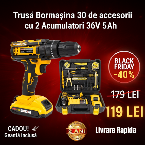 Trusă Autofiletantă cu Percuție – 36V, 2 Acumulatori, 30 Accesorii